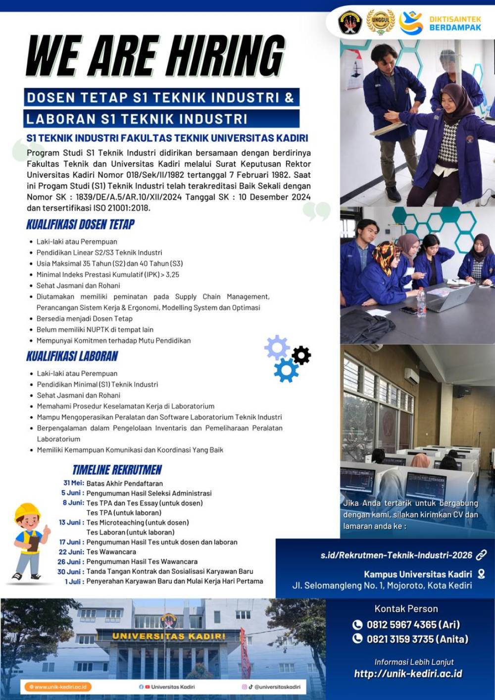 Universitas Kadiri Membuka Rekrutmen Dosen Tetap dan Laboran Program Studi S1 Teknik Industri