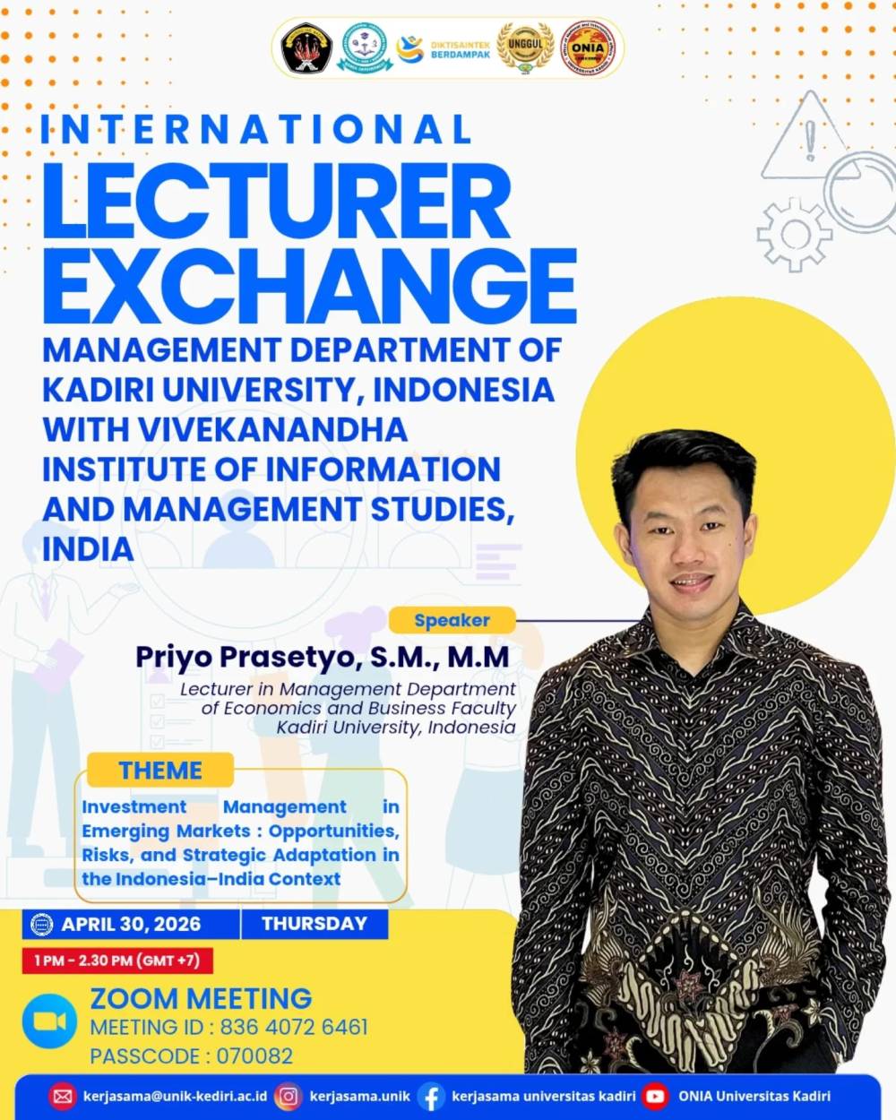Fakultas Ekonomi dan Bisnis Universitas Kadiri Gelar International Lecturer Exchange Bersama Vivekanandha Institute of Information and Management Studies, India