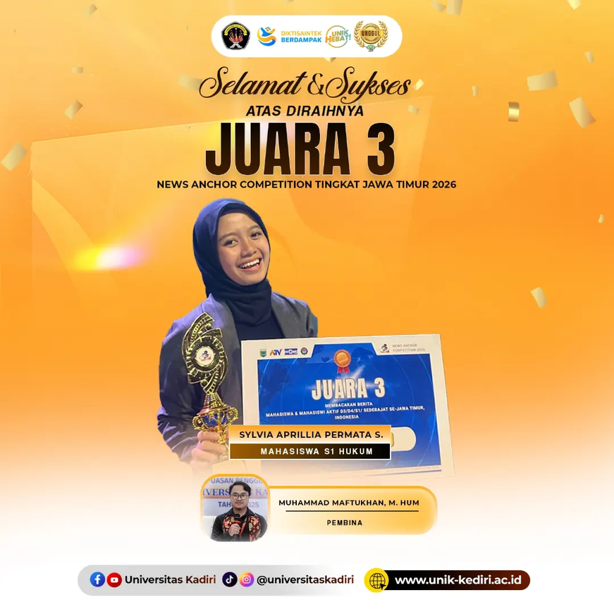 Mahasiswa S1 Hukum Universitas Kadiri Raih Juara 3 News Anchor Competition Tingkat Jawa Timur 2026