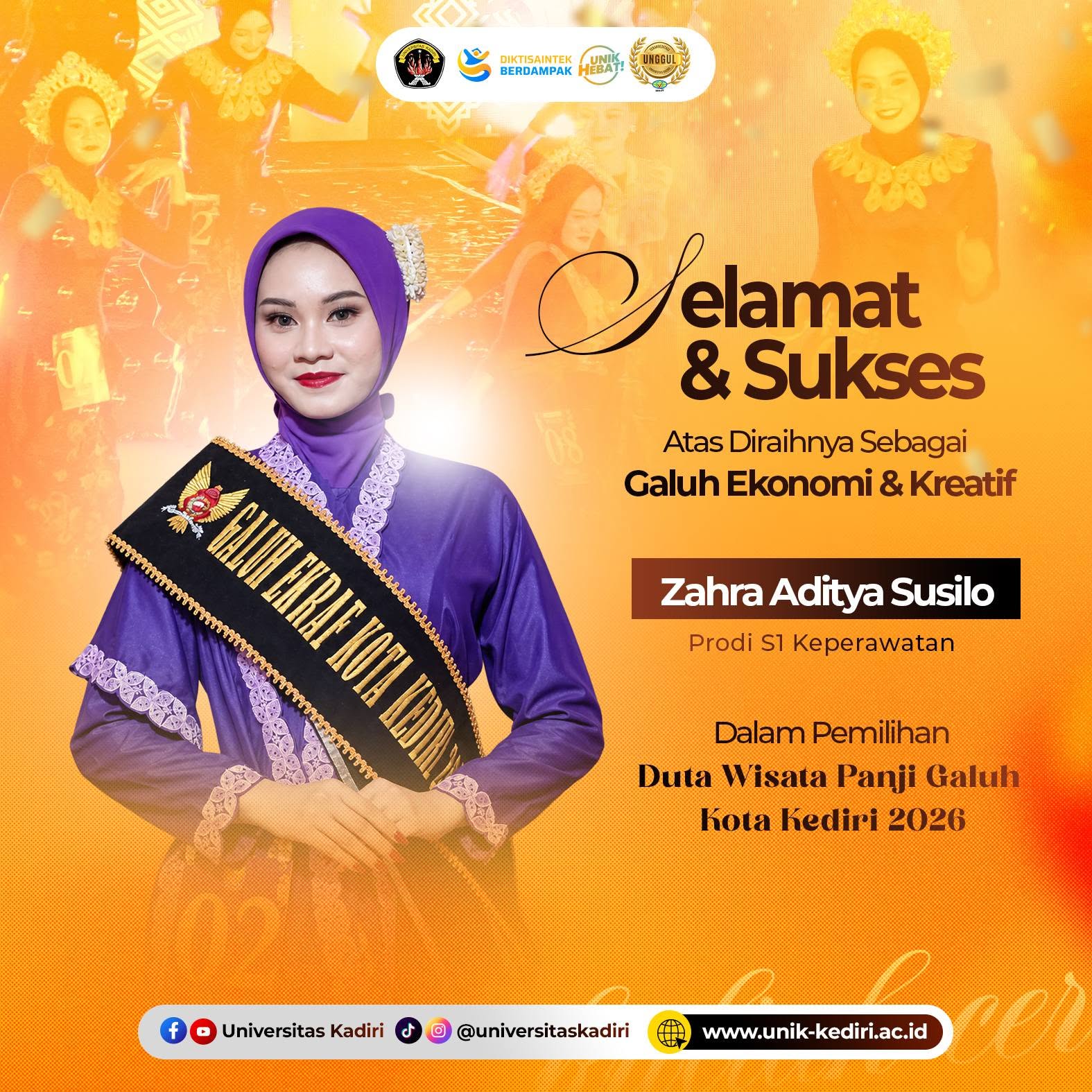 Zahra Aditya Susilo Raih Penghargaan Galuh Ekonomi dan Kreatif pada Pemilihan Duta Wisata Panji Galuh Kota Kediri 2026